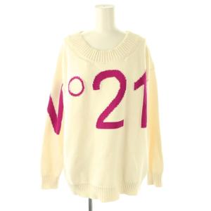 ニット セーター ロゴ 長袖 XS オフホワイト ピンクパープル /DF GY57