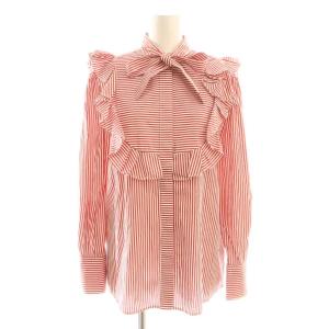 ブラウス シャツ フリル ストライプ 長袖 38 レッド ホワイト /DF GY57