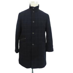 スタンドカラーコート ミドル丈 L ネイビー 紺 チェック柄 /HO22 GY58