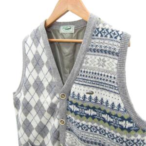 CROCODILE ニットベスト ミドル丈 LL グレー アーガイル柄 ノルディック柄 切り替え /SY25 GY58