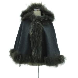 ジャケット ポンチョ ケープ ミドル丈 ウール 38 M チャコールグレー フード付き ファー /HO40