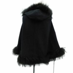 Stola. ジャケット ポンチョ ケープ ミドル丈 ウール 38 M チャコールグレー フード付き ファー /HO40