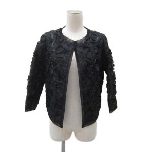 ノーカラージャケット 薄手 総柄 ミドル丈 38 M 黒 ブラック /SY14 GY58