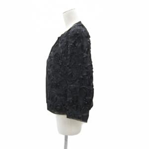 49AV. junko shimada ノーカラージャケット 薄手 総柄 ミドル丈 38 M 黒 ブラック /SY14 GY58
