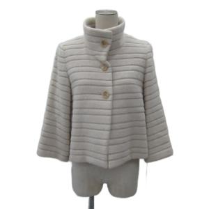 スタンドカラーコート ショート丈 七分袖 アンゴラ 38 M オフホワイト 白 ボーダー柄 /SY21