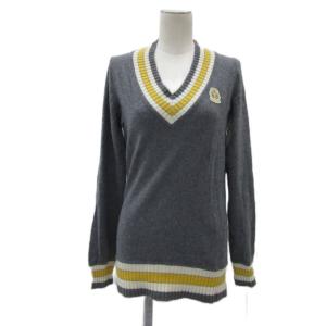 ニット セーター Vネック 38 M グレー ラインデザイン ワッペン /YS9 GY61