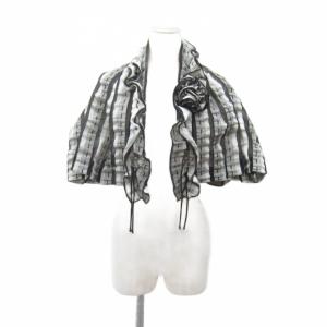 ボレロ ショート丈 カーディガン 38 M ライトグレー 黒 前開き 五分袖 ボーダー柄 フリル 花モチーフ