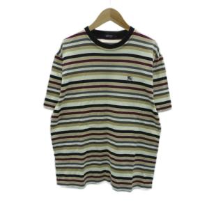 Tシャツ カットソー クルーネック 半袖 3 L マルチカラー ベージュ ボーダー柄 ロゴ刺繍 /HO39