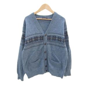 ニットカーディガン ミドル丈 ウール Vネック M ブルー 青 ノルディック柄 BBT13-705 /SY50