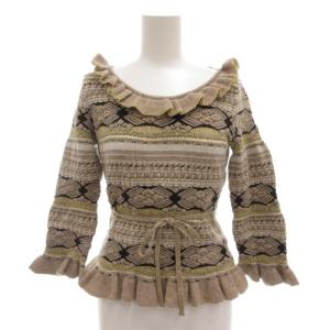 ニット セーター ウール 7 ブラウン フリル リボンベルト 幾何学模様 ボーダー ペプラム /AE GY53