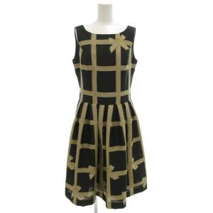 ノースリーブワンピース フレア ひざ丈 40 リボン格子柄 ベージュ 黒 ブラック /GV GY53