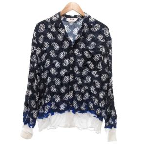 オープンカラーシャツ ペイズリー レーヨン 総柄 40 紺 ネイビー 白 ホワイト /JS GY53