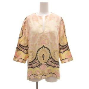 プルオーバープラウス 絹 シルク 七分袖 花がら 総柄 46 ベージュ ピンク /JS GY53