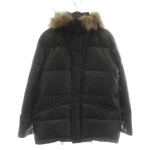 ダウンジャケット アウター 羊革 ラムレザー ファー 毛皮 ラクーン フード ジップアップ M 黒 ブラック