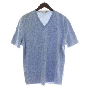 Tシャツ ニット 半袖 Vネック Hロゴ 総柄 L 青 ブルー 白 ホワイト /XZ