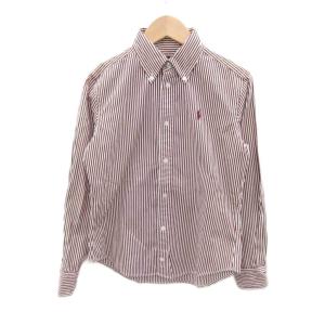 シャツ ブラウス 長袖 ボタンダウン S レッド 赤 ホワイト 白 ストライプ柄 ロゴ刺繍 /SY21