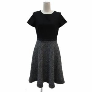 ワンピース フレア 半袖 38 M 黒 ブラック グレー 無地 ヘリンボーン柄 ラウンドネック ひざ丈