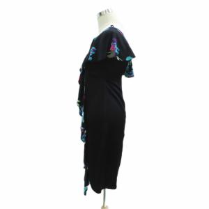 DIANE von FURSTENBERG ワンピース ミモレ丈 2 M マルチカラー 黒 ブラック 花柄 フリル Vネック アシンメトリー /HO26