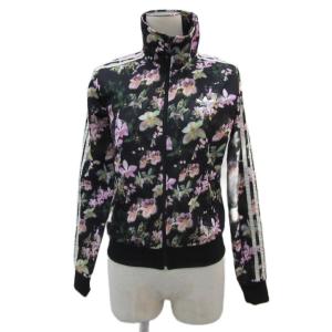 トラックジャケット M 黒 ブラック 花柄 ジップアップ バックロゴプリント スタンドカラー ミドル丈