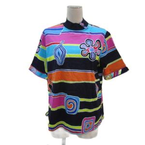 Tシャツ カットソー 半袖 大きいサイズ LL マルチカラー 黒 ブラック ボーダー柄 総柄 ハイネック