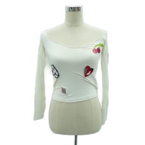 カットソー ラウンドネック 長袖 XS オフホワイト 白 ビーズ パッチワーク /HO33 GY61