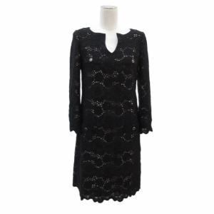 ワンピース ひざ丈 長袖 総レース 40 L 黒 ブラック スリットネック /MA6 GY61