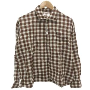 シャツ 麻 リネン M 茶色 ブラウン チェック柄 プルオーバー 長袖  /SJ GY58