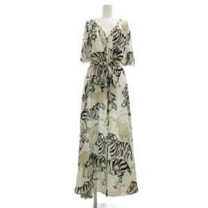 ワンピース 36 マキシ ロング丈 半袖 Vネック 総柄 白 ホワイト 黒 ブラック /NU GY58