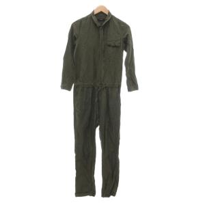 ジャンプスーツ オールインワン 麻 リネン M カーキ 無地 スタンドカラー 長袖 /YJ GY58