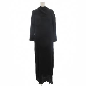 美品 ロングワンピース 長袖 バンドカラー 絹 シルク 6 黒 ブラック /KR GY58