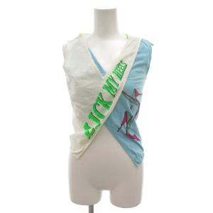 ノースリーブカットソー カシュクール 38 白 ホワイト 水色 ラップデザイン Vネック ハイヒールプリント