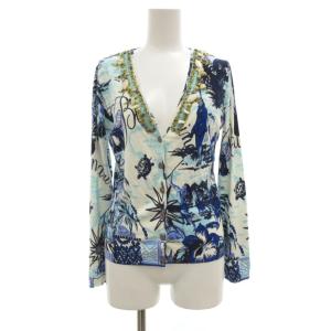 カーディガン I40 ブルー系 ホワイト 総柄 ビーズ装飾 Vネック 長袖 /UO GY58