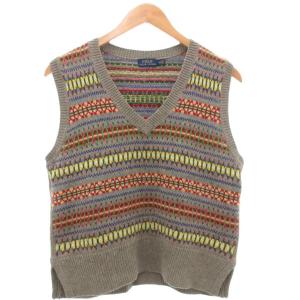 ニットベスト 絹 シルク M マルチカラー Vネック 幾何学模様 /YJ GY61