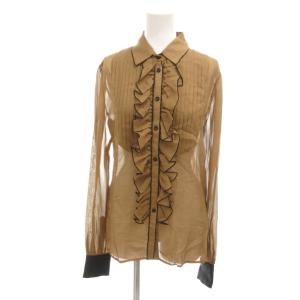 シルクブラウス 40 ブラウン 長袖 フリル プリーツ  /HW GY61