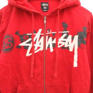STUSSY ジップアップパーカー フード ロゴプリント S 赤 レッド /JS GY61