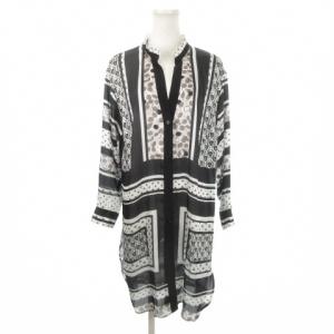 COLLECTION シアーワンピース ひざ丈 M 黒 ブラック グレー パッチワーク柄 チェリー柄 バンドカラー