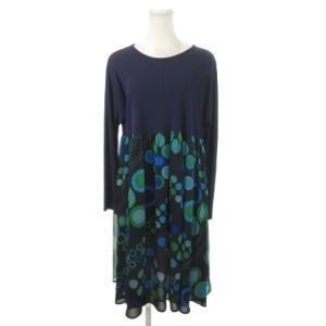 ワンピース 9 紺 ネイビー 緑 グリーン ラウンドネック ドット柄 長袖 /MN21 GY58