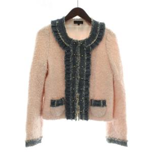 ジャケット モヘヤ ウール混 ?V ピンク インディゴ ノーカラー フリル デニム スタッズ ブークレ