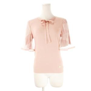 ニットトップス 38 ピンク 五分袖 リボンタイ シアー素材フレアスリーブ /CK28 GY60