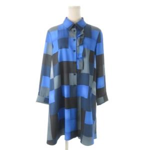 シャツワンピース 38 青 ブルー ブロックチェック柄 シャツカラー 長袖 25-22673-42 3506