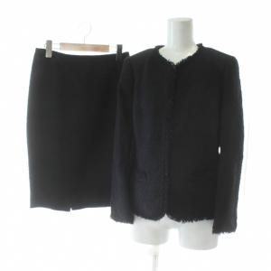 セットアップ 上下 ノーカラージャケット タイトスカート ウール混 9AR 61-89 黒 ブラック ツイード