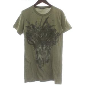  ウルフ Tシャツ カットソー 半袖 クルーネック ダメージ加工 クラッシュ加工 狼 プリント 36 カーキ