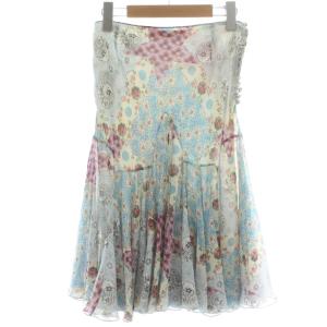 フレアスカート シルク 花柄 36 ブルー マルチカラー