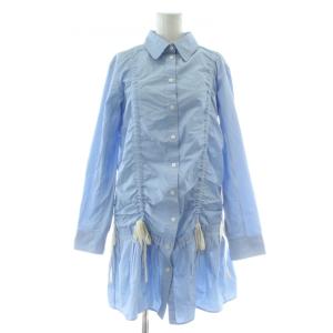 旧タグ シャツワンピース 長袖 ひざ丈 ギャザー リボン 34 XS 青 ブルー /XZ