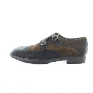 DOLCE&GABBANA ダブルモンクストラップシューズ スエード ウイングチップ ロゴ 靴 7 黒 ブラック 茶 ブラウン /MQ