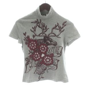Tシャツ カットソー フレンチスリーブ 40 グレー 灰色 ハイネック モックネック 鹿柄 花柄 刺繍