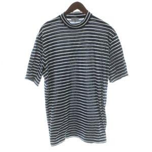 Tシャツ M 紺 ネイビー 白 ホワイト ストライプ柄 モックネック 半袖 /KW GY57