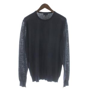 ニット カットソー バイカラー M 黒 ブラック 紺 ネイビー ラウンドネック 長袖 透かし編み袖 /KW