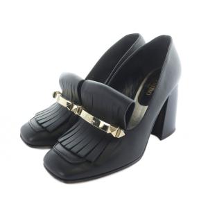 パンプス スクエアトゥ チャンキーヒール タッセル スタッズ レザー 36 25cm 黒 ブラック /MQ