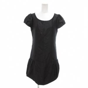 美品 ワンピース ひざ丈 黒 ブラック 半袖 ラウンドネック バルーンヘム /NL GY60